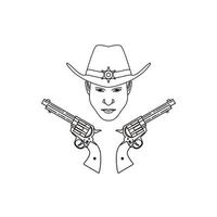 ilustração xerife cowboy oeste selvagem e arma dupla revólver pistola contorno vetor de design de logotipo