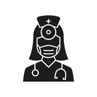 ícone de silhueta do médico otorrinolaringologista. equipe médica de otorrinolaringologia com estetoscópio, pictograma preto de glifo de espelho. orelha, nariz, ícone do médico da garganta. ilustração vetorial isolada. vetor