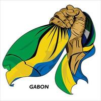 punho cerrado segurando a bandeira gabonesa. ilustração em vetor de mão levantada agarrando a bandeira. bandeira drapejando ao redor da mão. formato eps escalável