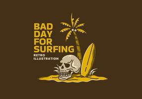 ilustração de arte vintage do coqueiro, prancha de surf e caveira vetor