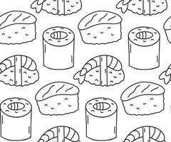 de fundo padrão sem emenda com rabiscos desenhados à mão de sushi. desenho de contorno, delinear diferentes rolos de sushi de comida asiática pano de fundo de ilustração vetorial de linha simples, impressão, papel de parede vetor