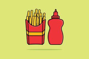 batatas fritas na caixa de batatas fritas com ilustração vetorial de garrafa de molho de tomate. conceito de ícone de fast-food. design de vetor de comida de batata para crianças.