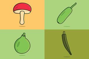 conjunto de ilustração vetorial de vegetais frescos do jardim. conceito de ícone de natureza alimentar. coleção de cogumelos vegetais, cabaça, design de ícone de quiabo. vetor