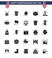 conjunto de 25 ícones do dia dos eua símbolos americanos sinais do dia da independência para esportes festival de bolo de hóquei comida editável dia dos eua vetor elementos de design