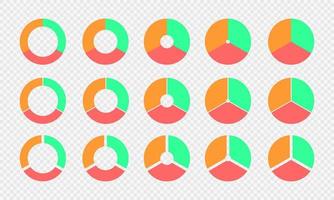 conjunto de gráficos de torta e rosquinha. diagramas de círculos divididos em 3 seções de cores diferentes. rodas de infográfico. formas redondas cortadas em três partes isoladas em fundo transparente vetor