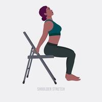 exercício de alongamento de ombro. mulher fazendo exercícios de fitness e ioga com cadeira. vetor