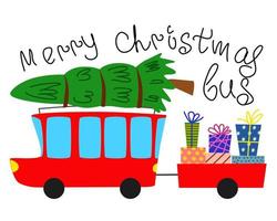 cartão de feliz natal. ônibus de Natal vermelho com reboque, abeto e presentes. vista lateral. vetor