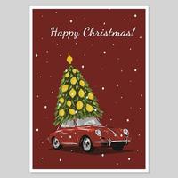 design de modelo de vetor de ilustração de feliz natal. cartão postal de natal com carro vermelho e árvore de natal