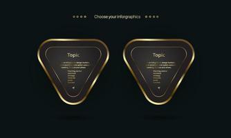 dois banners de opção de infográfico de ouro, botão de forma de triângulo em fundo escuro de design vetorial, design de conceito de vetor de 3 níveis premium.