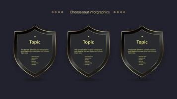 conjunto de três lugares infográficos escuros e dourados em fundo escuro, três vetores de banner premium e design de botões.