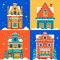 padrão sem emenda com casas de natal. fachadas vintage europeias brilhantes com neve, decoração e guirlandas vetor