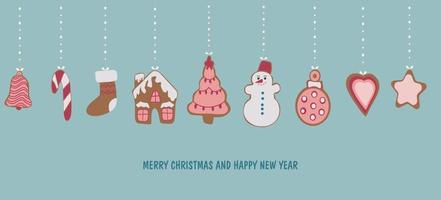 cartão de ano novo. pendurar brinquedos de árvore de natal na forma de biscoitos de gengibre. feliz ano novo e natal. ilustração vetorial isolada em um fundo azul vetor