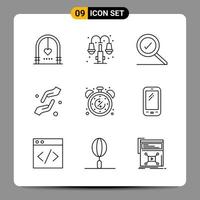 9 sinais de símbolos de contorno de pacote de ícones pretos para designs responsivos em conjunto de 9 ícones de fundo branco