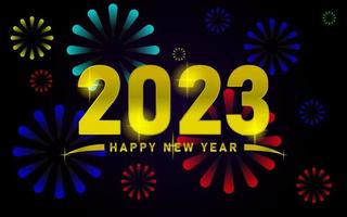 feliz ano novo 2023, design colorido de fogos de artifício, cartão de saudação de festa, fundo de celebração de feriado de 2023 vetor