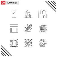 conjunto de 9 sinais de símbolos de ícones de interface do usuário modernos para desenhar elementos de design de vetores editáveis de mesa de reciclagem de interiores