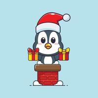 pinguim fofo com chapéu de Papai Noel na chaminé. ilustração bonito dos desenhos animados de Natal. vetor