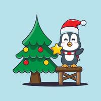 pinguim fofo tirando estrela da árvore de natal. ilustração bonito dos desenhos animados de Natal. vetor