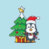 pinguim fofo com lâmpada de natal. ilustração bonito dos desenhos animados de Natal. vetor