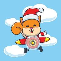 esquilo bonito usando chapéu de Papai Noel voando com avião. ilustração bonito dos desenhos animados de Natal. vetor