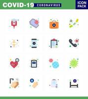 novo coronavírus 2019ncov 16 pacote de ícones de cores planas germes de vírus de emergência de sangue de freio coronavírus viral 2019nov elementos de design de vetor de doença