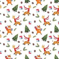 padrão perfeito de inverno com girafa, raposa, galhos de pinheiro, pinhas e árvore de natal. vetor