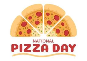 dia nacional da pizza em comemoração a 9 de fevereiro, consumindo várias fatias em fundo plano estilo cartoon ilustração de modelos desenhados à mão vetor