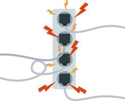 circuito elétrico. choque, relâmpagos vermelhos e faíscas amarelas da tomada. conector e plugue. sistema sobrecarregado. o problema com o aparelho. situação de incêndio com fumaça e segurança. vetor