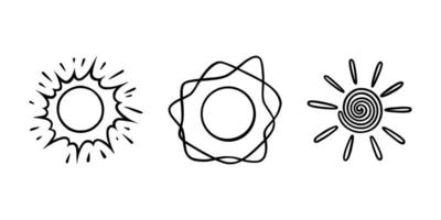 conjunto de sóis desenhados à mão. sóis brilhando com vigas em estilo doodle. ilustração vetorial de desenho preto e branco vetor