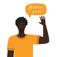 um jovem africano de camiseta amarela acena com a mão. habari gani em suaíli significa o que há de novo. uma saudação tradicional durante a celebração do kwanzaa. ilustração vetorial plana isolada em branco vetor