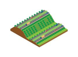 linha de trem isométrica vetorial moderno. o trem de carga corre sobre os trilhos do morro ao lado da rodovia. adequado para diagramas, infográficos e outros ativos gráficos vetor