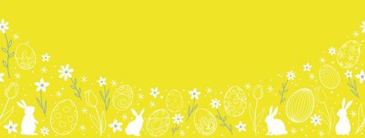 ilustração de fundo vetorial de páscoa com coelhinhos da páscoa, ovos, flores e um espaço de texto em um fundo amarelo. repetível horizontalmente. vetor