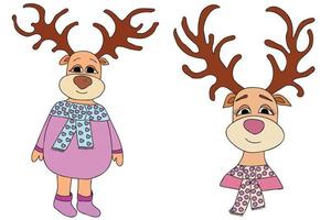 a imagem mostra dois veados de desenhos animados diferentes, eles são coloridos, são projetados para o ano novo, feriados de natal, cartões, roupas e impressão de tecido, impressão de livros infantis vetor