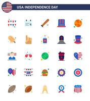 pacote de 25 sinais de apartamentos de celebração do dia da independência dos eua e símbolos de 4 de julho, como bola de beisebol dos eua chapéu americano editável dia dos eua vetor elementos de design