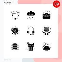 9 interface do usuário pacote de glifos sólidos de sinais e símbolos modernos de fone de ouvido bolsa de rede de marketing publicidade na internet comércio eletrônico elementos de design de vetores editáveis