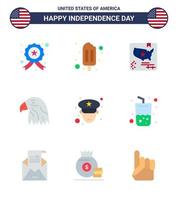 conjunto de 9 ícones do dia dos eua símbolos americanos sinais do dia da independência para polícia homem bandeira eua pássaro editável dia dos eua vetor elementos de design