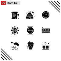 conjunto de 9 sinais de símbolos de ícones de interface do usuário modernos para relógio de descanso de trabalho pare de trabalho elementos de design de vetores editáveis de rede