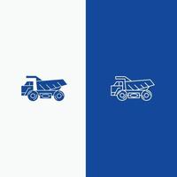 linha de construção de transporte de reboque de caminhão e ícone sólido de glifo banner azul linha e ícone sólido de glifo banner azul vetor