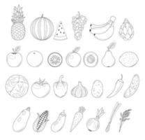 conjunto de frutas e legumes. ilustração vetorial. livro de colorir infantil. gráfico monocromático, preto e branco. isolado no branco. vetor