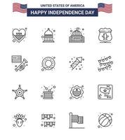 conjunto de linha do dia da independência dos eua de 16 pictogramas dos eua da bandeira americana lugar eua branco editável eua dia vetor elementos de design