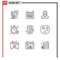 conjunto de 9 sinais de símbolos de ícones de interface do usuário modernos para engrenagem, óculos rápidos, relógio, mulher, elementos de design de vetores editáveis