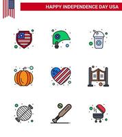 9 ícones criativos dos eua sinais modernos de independência e símbolos de 4 de julho da bandeira do amor cola abóbora americana editável dia dos eua elementos de design vetorial vetor