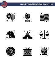 grande pacote de 9 eua feliz dia da independência eua vetor glifos sólidos e símbolos editáveis da barraca americana tenda do país pássaro livre editável eua dia vetor elementos de design