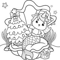 livro de colorir de natal com linda sereia unicórnio vetor