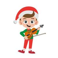 menino bonitinho feliz tocando instrumento de violino em ilustração vetorial de fantasia de natal vetor