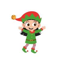 menina bonitinha feliz vestindo ilustração vetorial de fantasia de natal elfo verde vetor