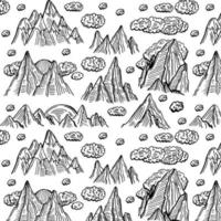 ilustração vetorial de viagens com padrão sem emenda de desenhos animados. estilo doodle preto e branco. ilustração com elementos gráficos de fim de picos de montanha vetor