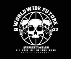 slogan futuro mundial com design gráfico vintage de cabeça de caveira para roupas criativas, para streetwear e design de camisetas de estilo urbano, moletons, etc. vetor