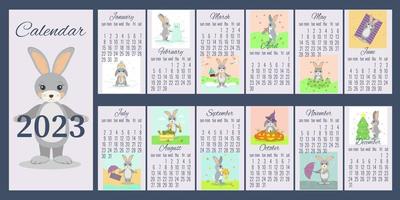 layout de calendário engraçado para 2023 com uma imagem colorida de coelho por mês com um personagem de cor azul vetor