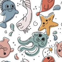 padrão de doodle sem costura desenhado à mão de peixes coloridos doodle. rabiscos abstratos hipster com criaturas engraçadas. peixe, água-viva, estrela do mar, peixe bolha. padrão de vetor colorido kawaii para impressão.