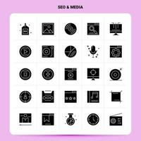 conjunto de ícones de mídia sólida 25 seo design de estilo glifo vetorial conjunto de ícones pretos web e design de ideias de negócios móveis ilustração vetorial vetor